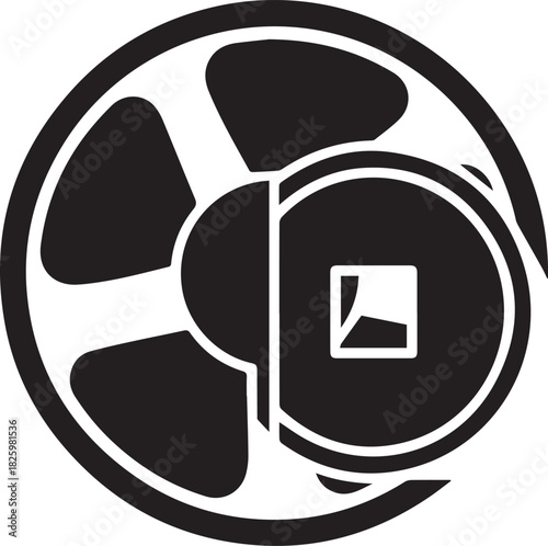 Abstract black and white symbol combining film reel and coin elements