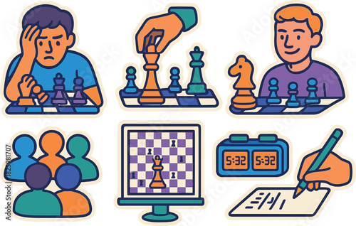 Colorful chess tournament concept with players, moves, and timers