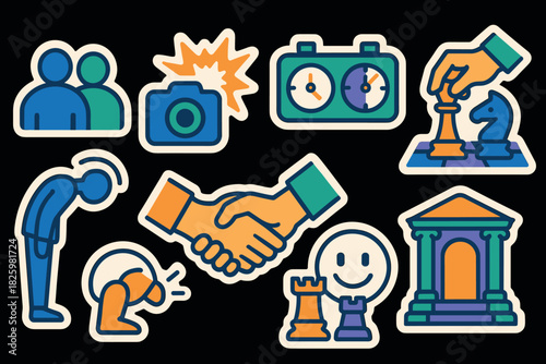 Colorful sticker icons: camera, chess, handshake, stopwatch, temple