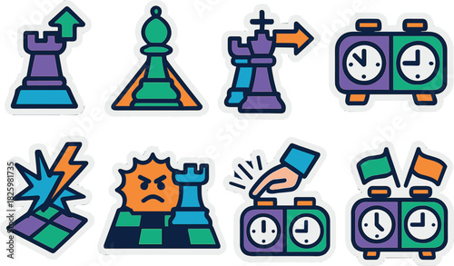 Colorful chess and timer icon set featuring bold outline style