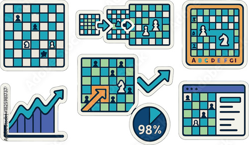Chess strategy stickers set with diagrams and analytics icons