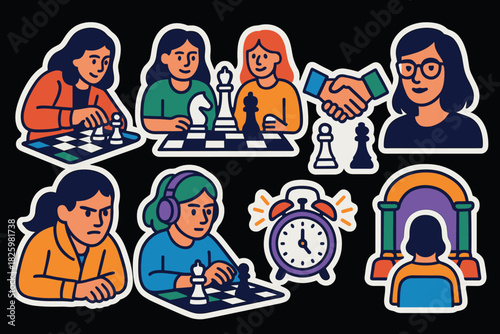 Diverse chess players competing in stylized sticker art with timers and coach