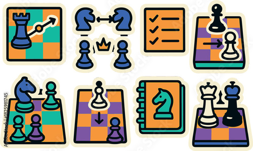 Colorful chess icons with strategy symbols and game pieces