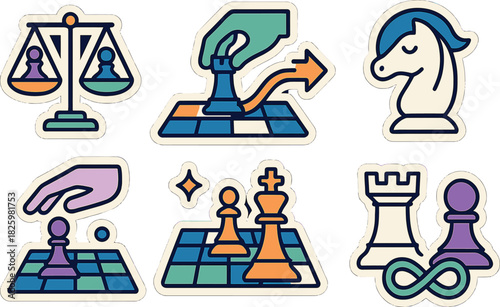 Chess strategy icons set: colorful tactics and symbols for game planning