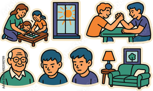Family activities and relationships in cozy home setting illustration