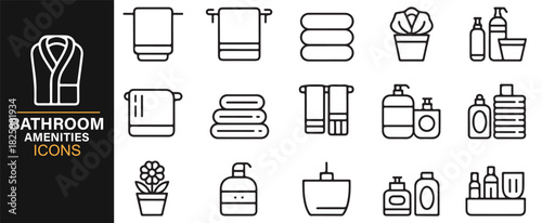 Minimal vector icon set for bathrobes, soap bottles, sinks, and hygiene tools