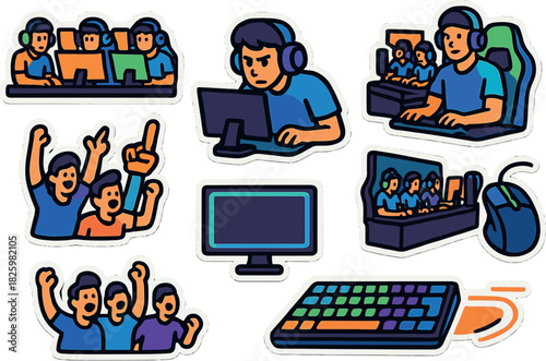 Gamer stickers set: enthusiastic players and colorful gaming accessories