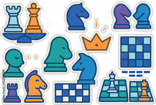 Colorful chess icons: strategy and tactics in modern flat design stickers
