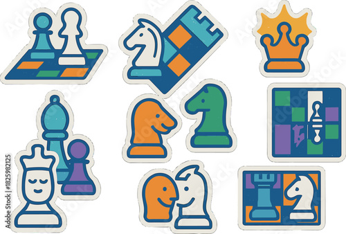 Colorful chess piece stickers set with modern flat design