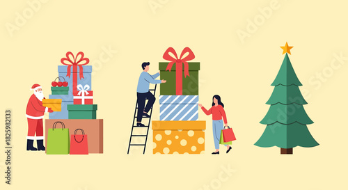 Christmas Gift Preparation with Santa, People, and Decorated Tree.