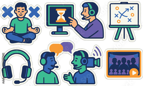 Colorful communication and strategy stickers with meditation and technology themes