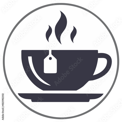 Steaming hot tea cup icon with tea bag and saucer, simple warm beverage graphic symbol