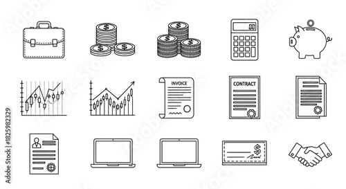 Collection of hand-drawn line icons representing finance and business