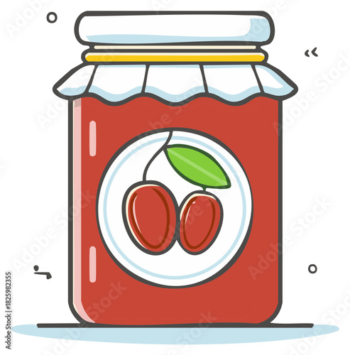 Illustration of a glass jar filled with red cherry jam and a label featuring two cherries and a leaf