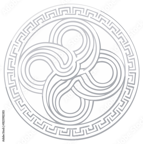 Abstract Silver Celtic Knot in Circular Border with Maze Pattern, Geometric Design, Ornament