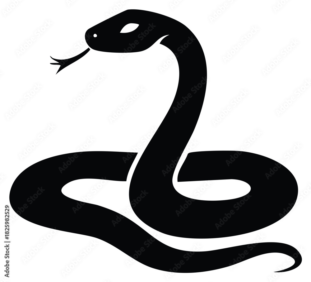 Fototapeta premium Minimalist black snake icon coiled with head raised and flicking tongue a simple vector illustration
