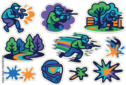 Colorful paintball sticker set featuring players, splashes, and nature scenes