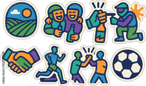 Colorful sport stickers: teamwork, celebration, and outdoor activities