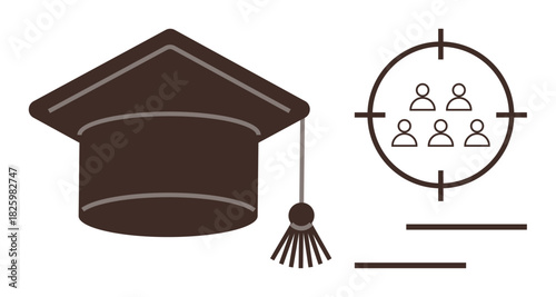 Graduation cap alongside a target and profiles, symbolizing education, focus, audience targeting, goal setting, human resources, leadership opportunities, and academic success. Simple flat metaphor
