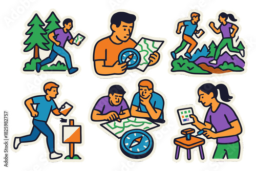 Adventure map exploration and orienteering activities in vibrant sticker style