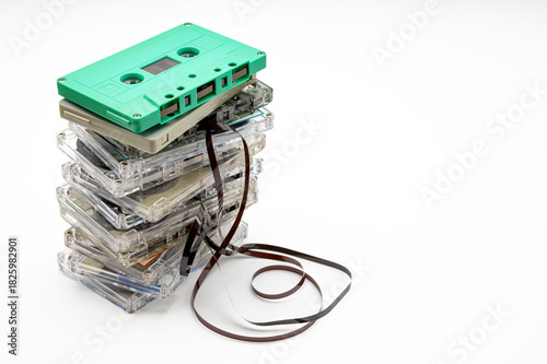 Stack of Vintage cassette tapes isolated on white background