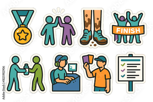 Colorful race day stickers highlighting achievement and team spirit