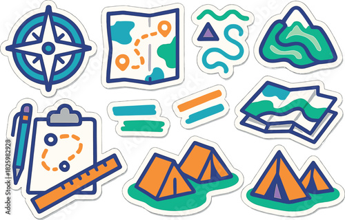Colorful camping and navigation stickers with compass, map, tents, and more
