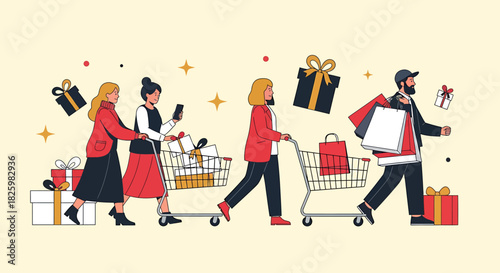 People Shopping with Carts and Bags During Holiday Season.