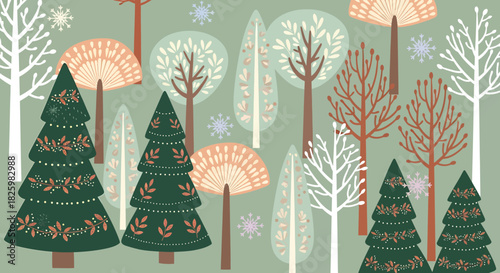 Stylized Christmas Trees and Winter Forest Illustration.