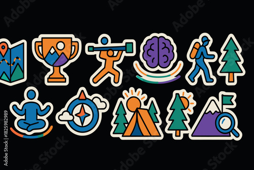 Colorful icons of outdoor activities and mindfulness in modern style