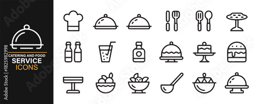 Professional catering icon pack with chef hats, ladles, bowls, and bottles