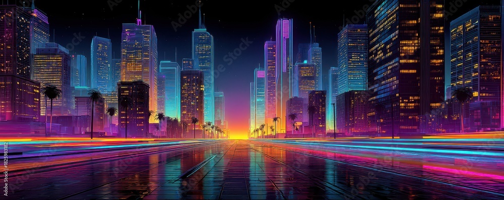 Obraz premium Futuristic neon cityscape at night with glowing streets and towering skyscrapers
