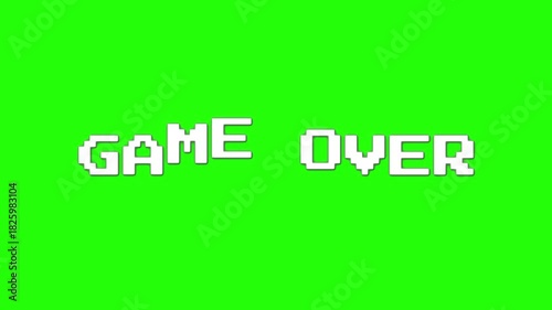 Game Over pixels text animation on green screen background, retro 8-bit glitch typography, classic arcade gaming screen effect, pix elated ending message for video games, streaming gaming content