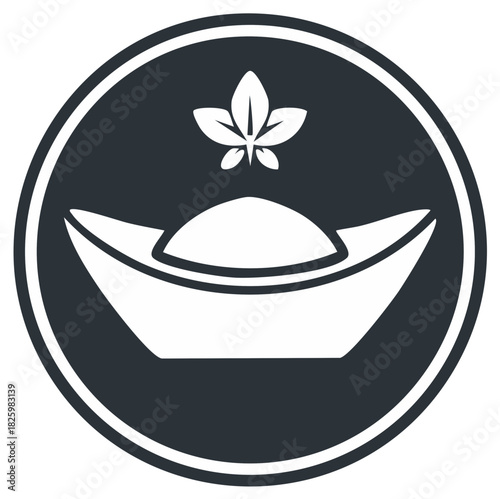 Flat vector icon of a Chinese yuanbao gold ingot with a leaf in a circular emblem