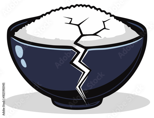 Cracked Rice Bowl Illustration Broken Bowl with White Rice Symbolizing Scarcity