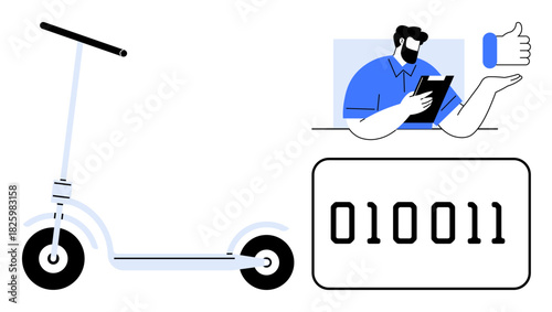 Electric scooter, binary code panel, and user approving a digital interface, representing technology, digital solutions, transportation innovation. Ideal for software, mobility, user experience IoT