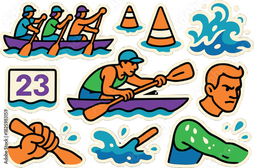 Canoeing and water sports stickers featuring athletes, paddles, and waves in bold colors