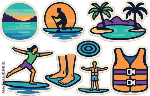 Tropical water sports stickers collection featuring surfing, stand-up paddling, and beach vacation elements