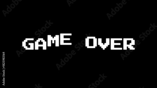 Game Over pixels text animation on black background, retro 8-bit glitch typography, classic arcade gaming screen, pixelated ending message for video games, streaming overlays and gaming content