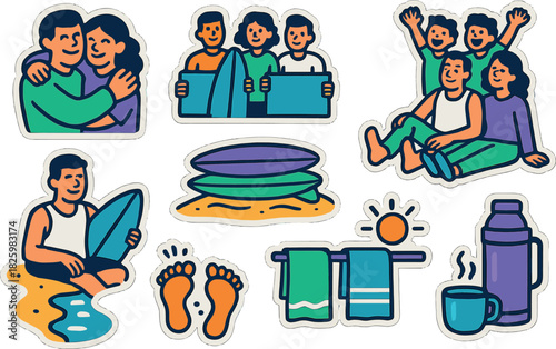 Surfing and beach adventure sticker pack with vibrant colors and playful designs
