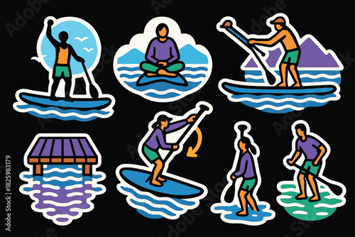 Outdoor water activities: paddleboarding, yoga, and more in bold colors