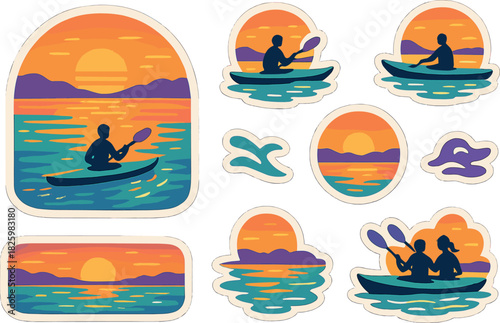 Sunset kayak adventure sticker set with silhouette designs