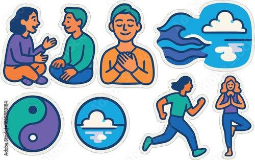 Wellness and mindfulness cartoon stickers featuring yoga, meditation, and nature themes