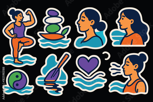 Colorful set of wellness icons featuring yoga, meditation, and relaxation themes