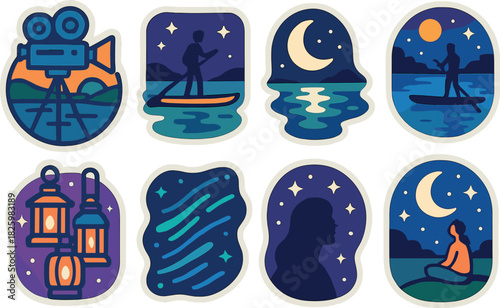 Nighttime outdoor activities badges with silhouette moon and stars in flat style