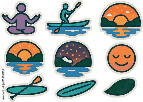 Colorful stickers featuring kayaking, meditating, and scenic sunsets