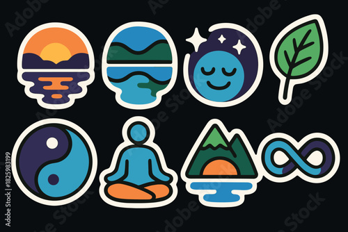 Colorful sticker set featuring nature, meditation, and cosmic symbols in flat design