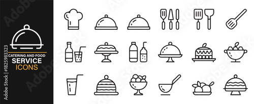 Clean linear catering icons featuring serving trays, bowls, and utensils