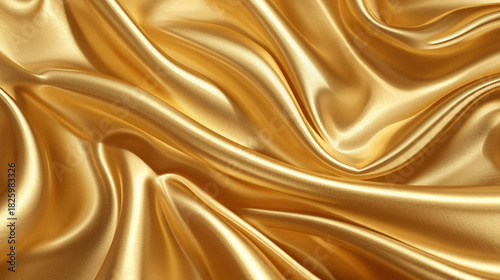 A luxurious close-up of flowing metallic gold fabric, with smooth, fluid folds and rich reflections. The surface appears silky and highly polished.