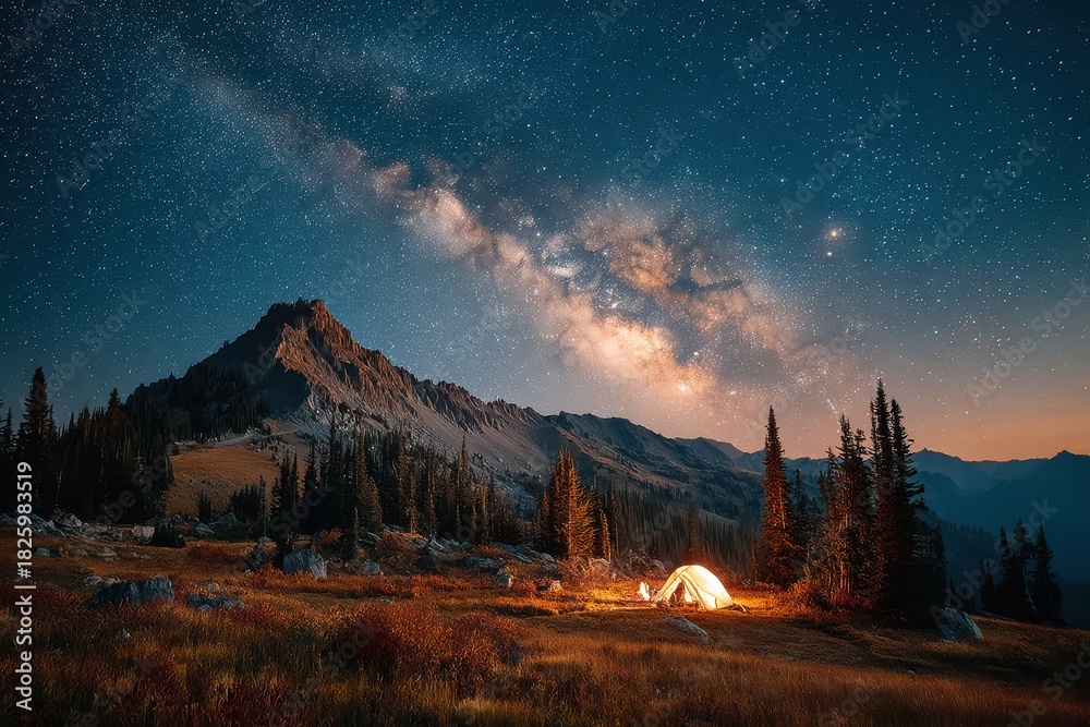 Obraz premium Camping Under a Starry Milky Way Over Rugged Mountains With a Glowing Tent